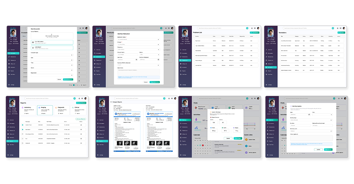 MedRec — 8 desktop interaction screens: new encounter modal, add medication modal, problem list, reminders, report comparison, update vitals, and activity logging
