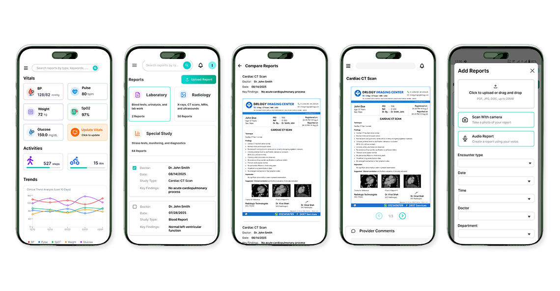 MedRec iOS — five key screens: vitals dashboard with trends, reports library, report comparison, CT scan document view, and add report with upload, camera, and audio modes