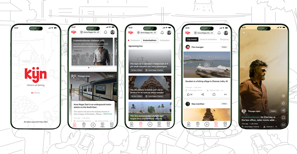 Kyn app — five key screens: splash, home feed, live events, video categories, and Klips short-form video