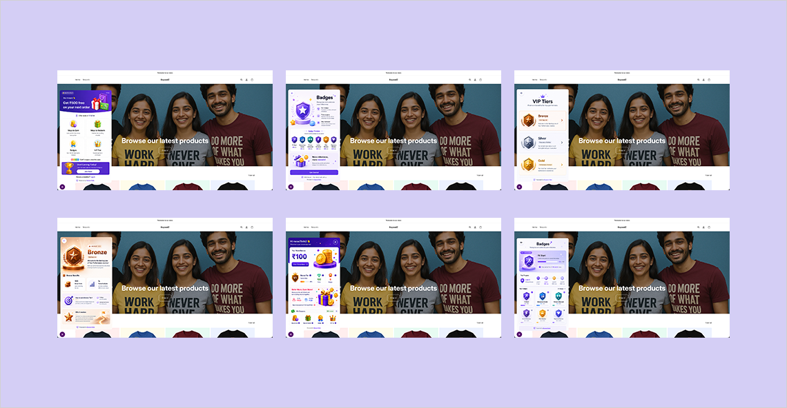 Reward Rally loyalty widget — 6 states: home panel, badges, VIP tiers, Bronze tier benefits, coin earning explainer, and badge progress