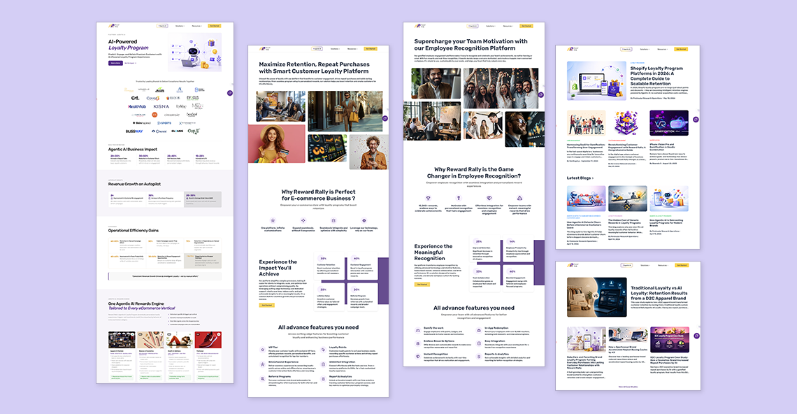 Reward Rally marketing website — four full-page designs: homepage, e-commerce solution page, employee recognition page, and blog/resources section