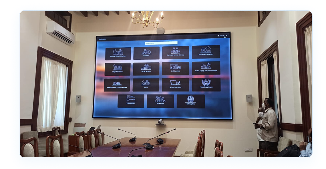 GPMD dashboard displayed on large LED screen in Tamil Nadu government office — department catalog view