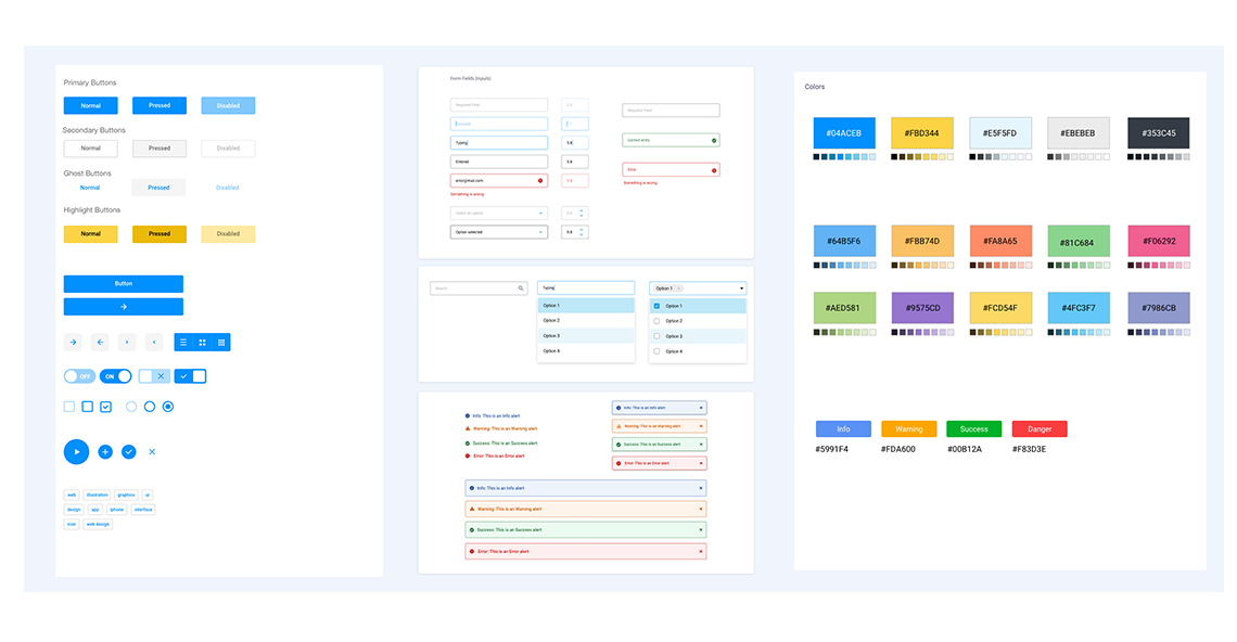 GPMD design system — button variants, form components, alert states, and full colour palette