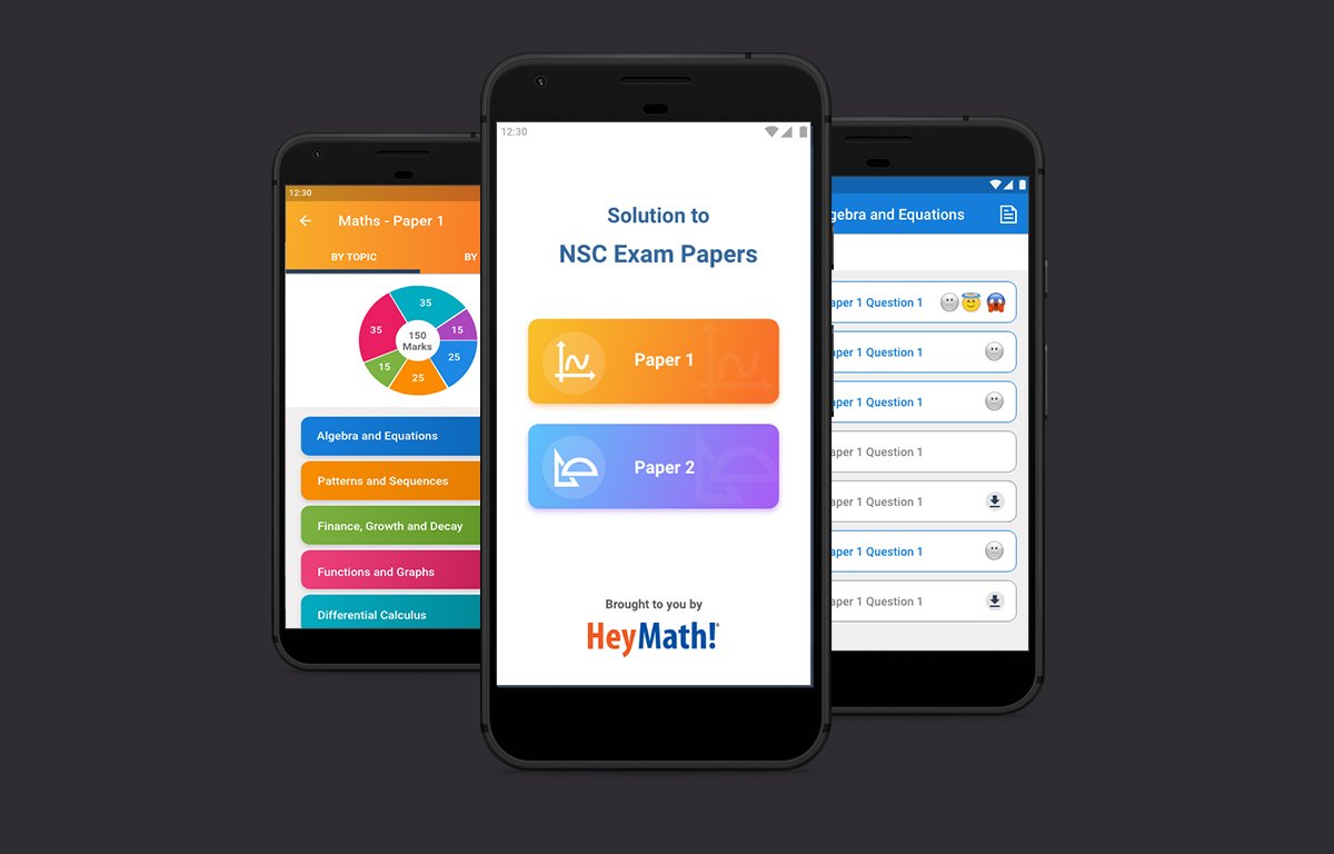 NSC app — three key screens: subject selection, paper browser, and question view