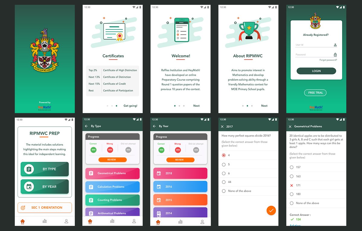 RIPMWC app — key screens: splash, onboarding, home, practice by topic, questions and answers