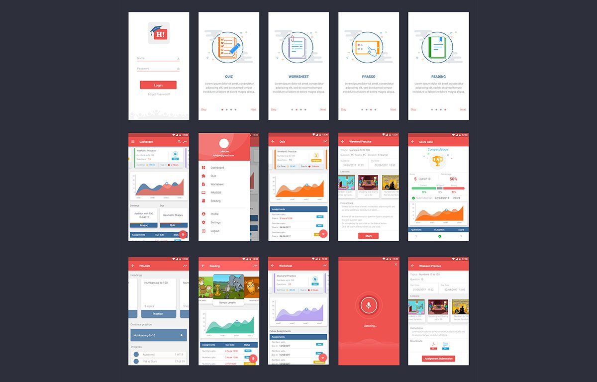 HeyMath Student App — complete screen inventory: login, onboarding, dashboard, quiz, scorecard, practice, worksheet, and voice modes